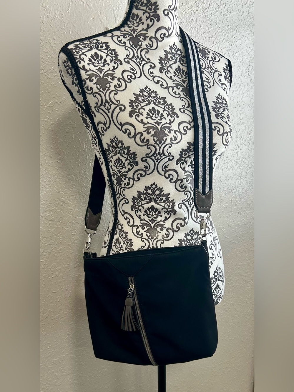 Stella & Dot Work Hard Play Hard black nylon  Crossbody bag expandable